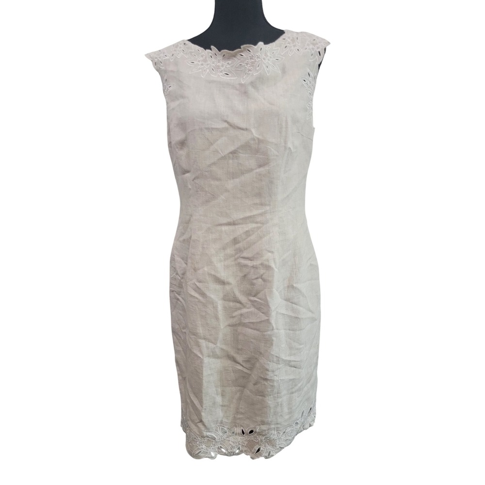Linen Eyelet Embroidered Sheath Dress Sleeveless Beige Oatmeal Knee Length - Picture 2 of 5